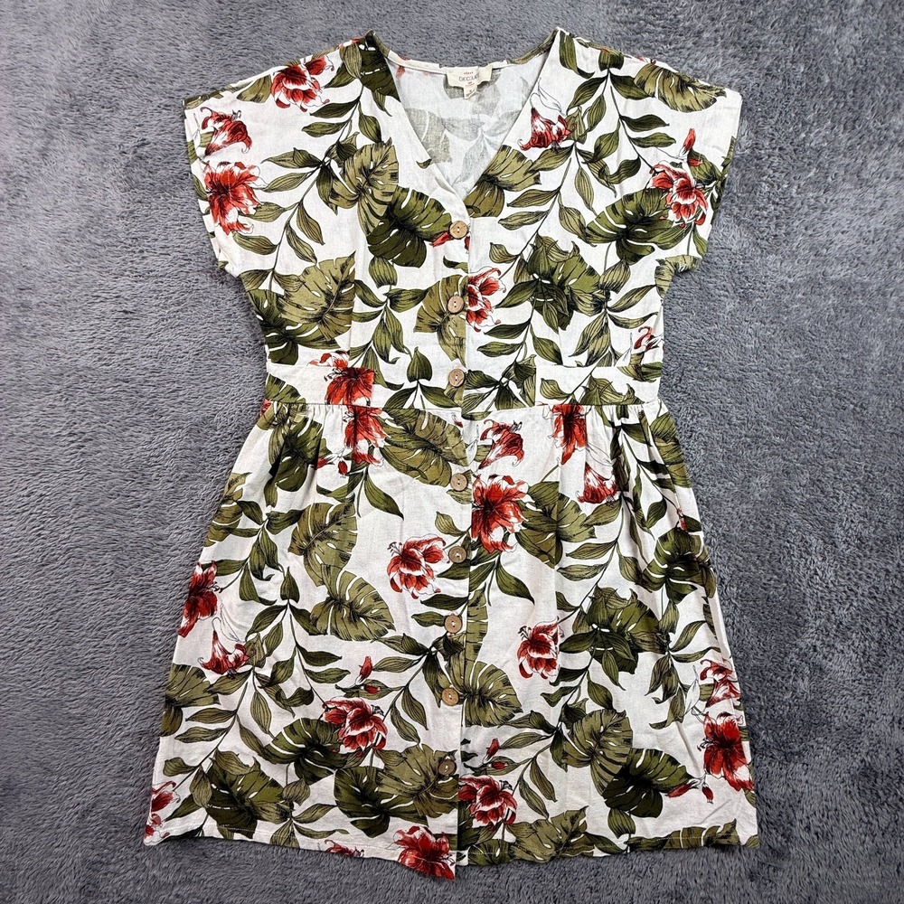 Chocolate USA Women S Linen Blend Button Front Floral Dress Cap Sleeve V-Neck